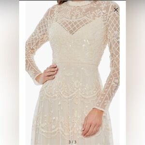 MAC DUGGAL Sequin Long Sleeve Mesh Coctail Dress- SAND/Off White- 12